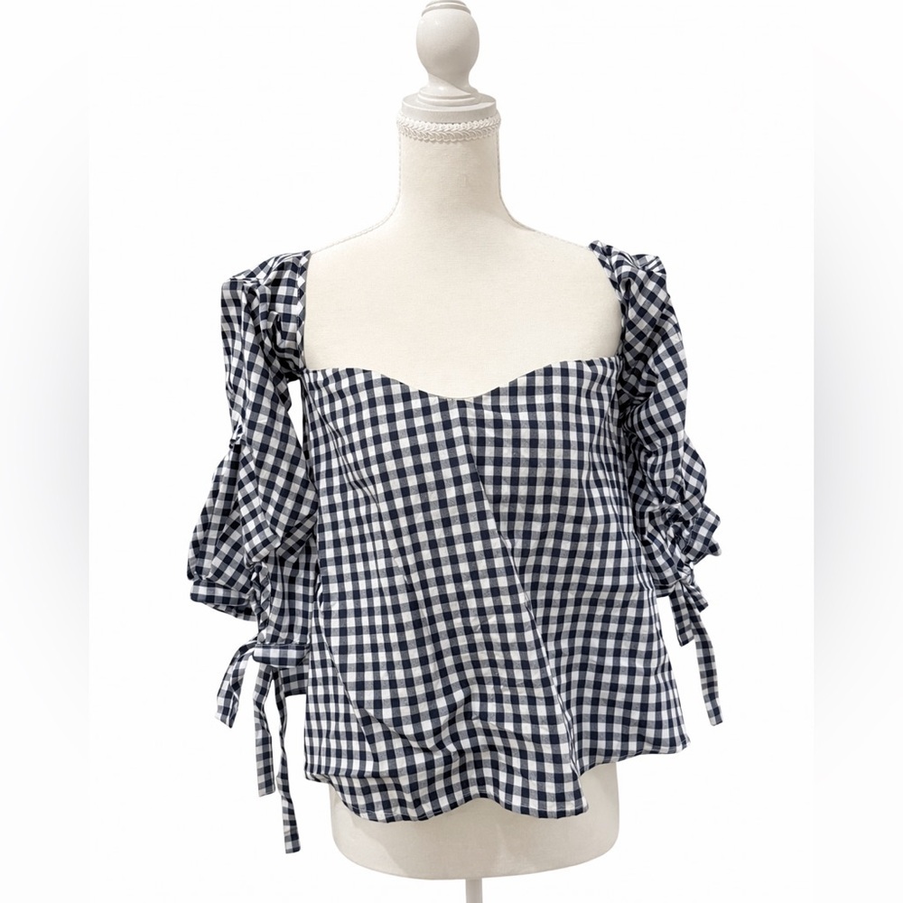 Haute Rogue Gingham Puff Sleeve Crop Top Black White Size M